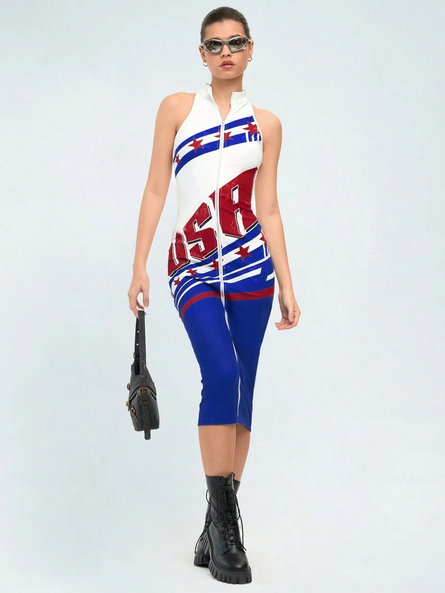 Forever 21 紀念日印花街頭風格拉鍊無袖連身裙 - 白色 - 查看 1