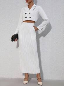 Chiquease Striped Short Lapel Suit Jacket And Strapless Top And Split Hem Skirt Set - Black and White - View 6