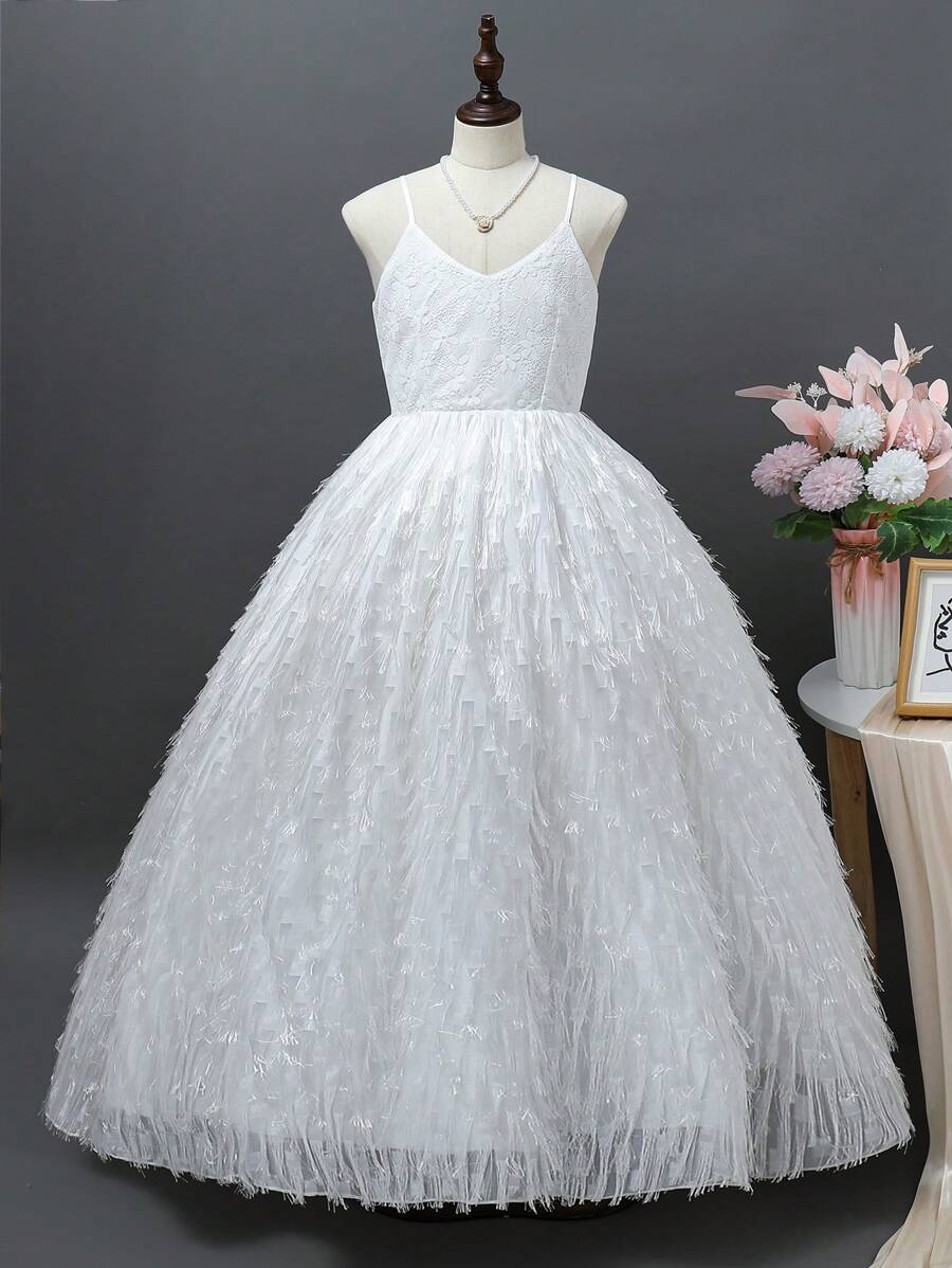 SHEIN Tween Girls' Elegant White Strapless Midi Dress, Suitable For Evening, Wedding, Birthday Party, Performance, Etc. - White - View 1