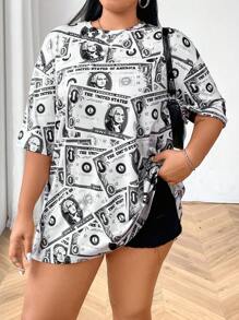 Flirla Áo thun tay ngắn in hình đô la cỡ lớn thả vai - Nhiều màu - Xem 3