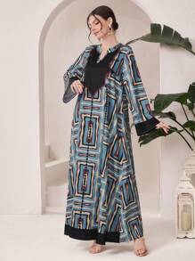Al Najma Women's Loose Fit Printed Notched Collar Dress With Flared Sleeves, Modest Full Length Casual Jalabiya - Multicolor - View 4