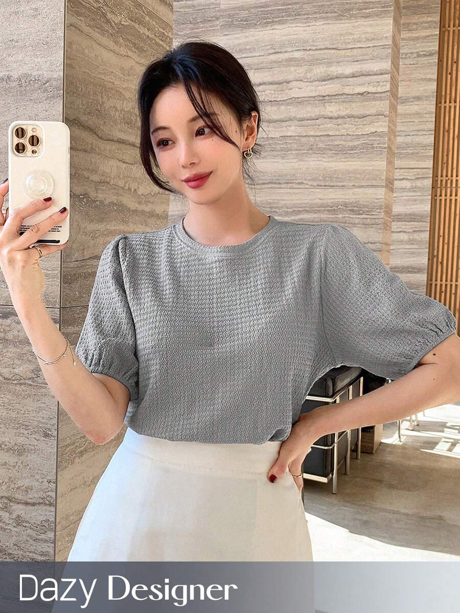 Dazy Designer Solid Color Texture Round Neck Puff Sleeve Women's T-Shirt Summer - Grey - View 1