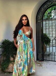 Zolique Loose Animal Print Hollow Out Spaghetti Strap Dress - Blue and White - View 3