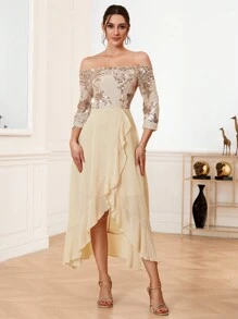 SHEIN Belle Off Shoulder Glitter Mesh & Ruffle Trimmed Bridesmaid Dress - Champagne - View 4