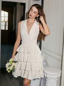 GENKIRA 蓮葉領無袖洋裝,褶邊下擺 - 米色 - 查看 3