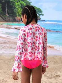 Tween Girls' Floral Printed Bikini Set With Ruffled Hem + Bell-Sleeve Sun Protection Kimono Cover-Up - Multicolor - View 2