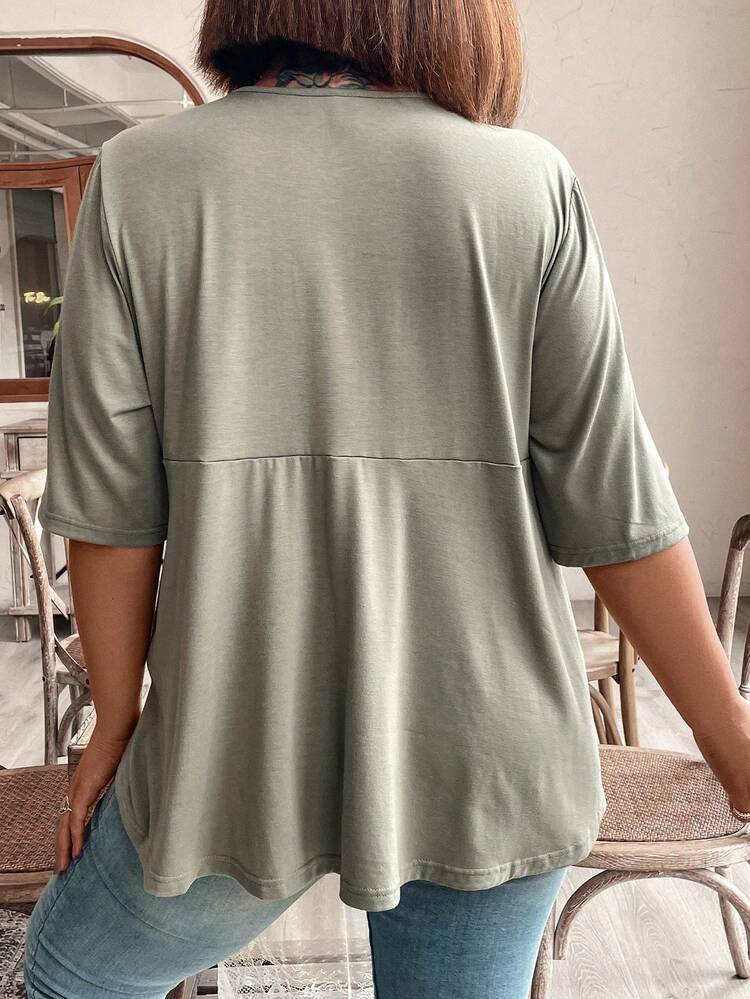 Plus Size Lace Splice Round Neck Casual T-Shirt