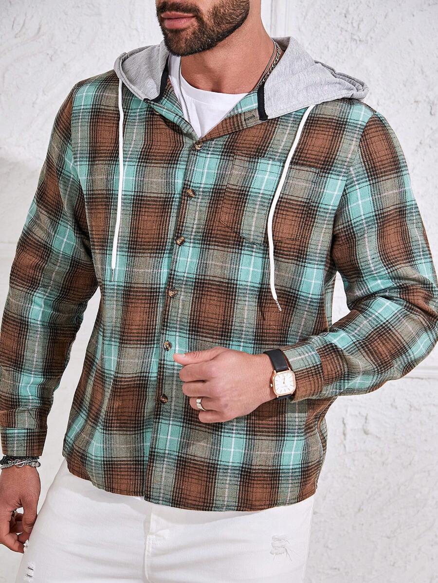 Manfinity Homme Nam Kích thước lớn Kẻ sọc áo có mũ Áo sơ mi Phong cách Áo khoác - Nhiều màu - Xem 1