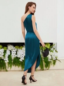 MOTF PREMIUM SILK ONE SHOULDER RUCHED SPLIT HEM DRESS - Dark Green - View 8