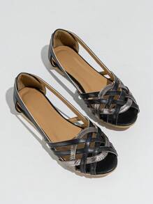 2025年秋季女士平底户外镂空罗马凉鞋带绑带 - 黑色 - 查看 6