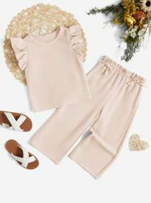 SHEIN Young Girl Casual And Comfortable Solid Color Round Neck Short-Sleeved Top Matched With Solid Color Pants Set - Apricot - View 1