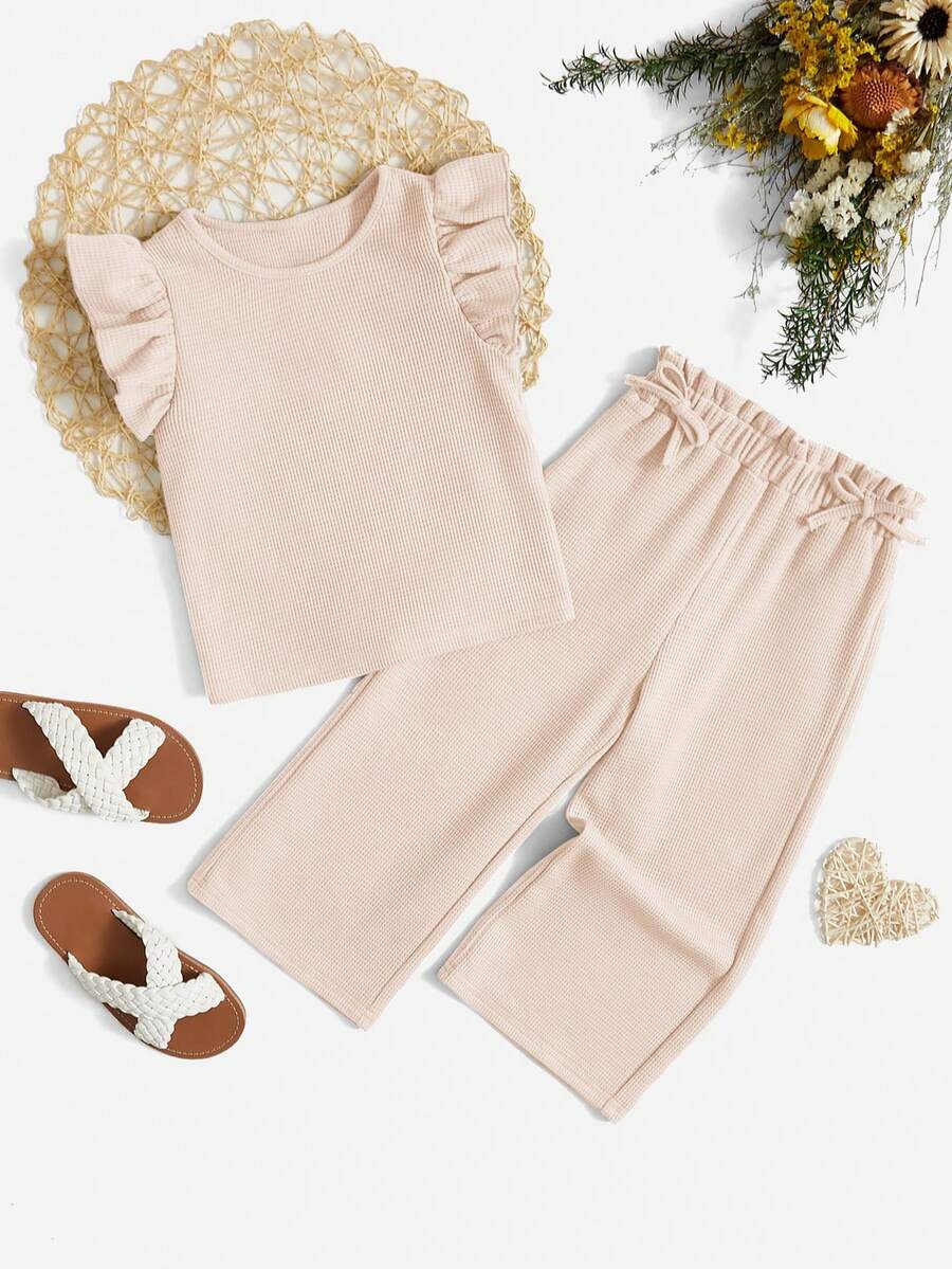 SHEIN Young Girl Casual And Comfortable Solid Color Round Neck Short-Sleeved Top Matched With Solid Color Pants Set - Apricot - View 1