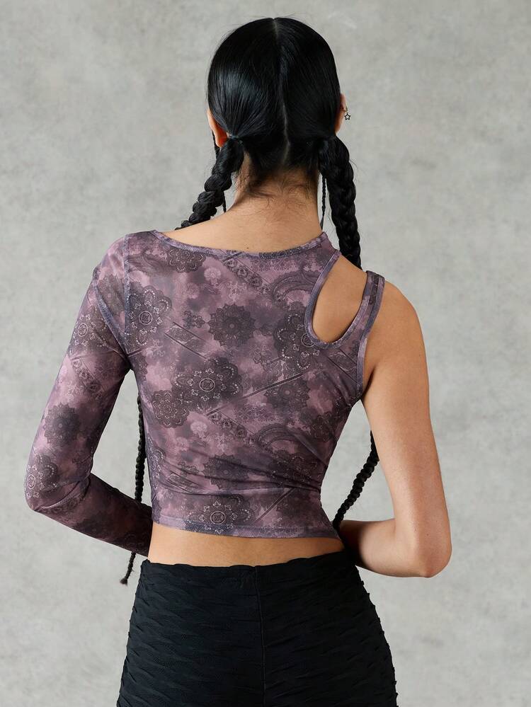Botanic Printed Hollow Out Asymmetrical Neckline Slim Fit T-Shirt