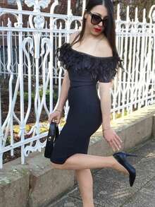 Black Feather Trim Off Shoulder Bodycon Dress For Cocktail Party, Wedding, And Nightclub - Black - View 8