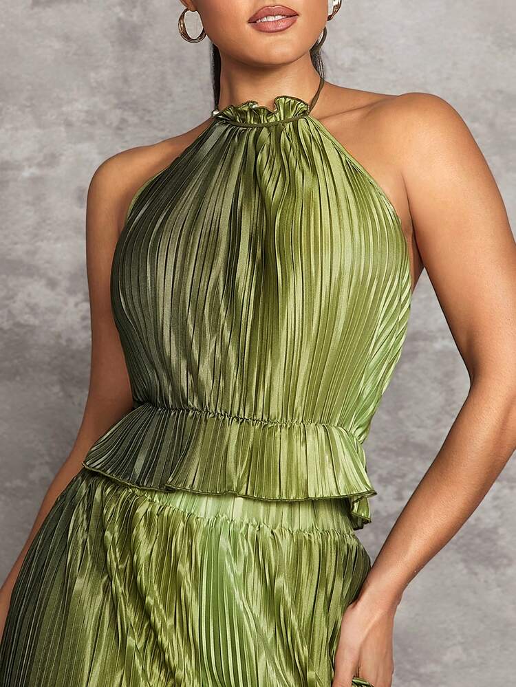 Green Gradient Pleated Pleated Halterneck Sexy Big Backless Waist-Cinching Ruffled Cold Shoulder Women's Tank Top