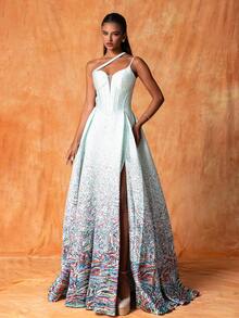 Women's One Shoulder Hollow Out Sleeveless Maxi French Style Elegant Evening Dress With High Side Slit - Light Wash - View 4