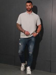 Manfinity Homme Nam Kích thước lớn Khối màu Cắt tỉa Áo polo - Màu Xám nhạt - Xem 4