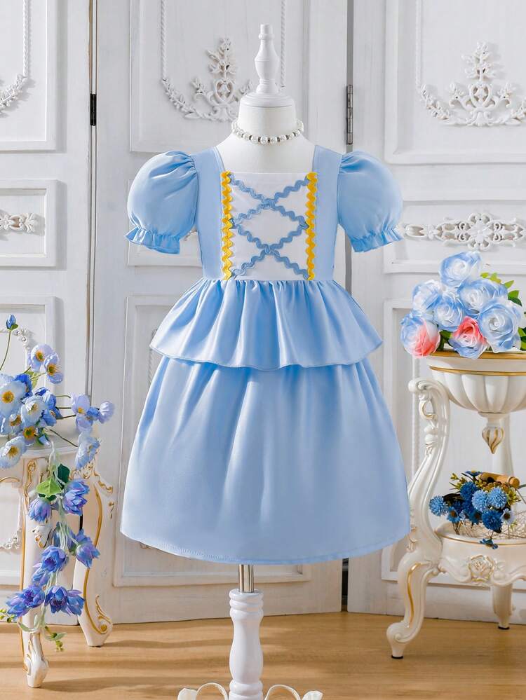 Young Girls' Top With Ruffle Hem, Puff Sleeves And Skirt Set With Patchwork Jacquard Ribbon Design