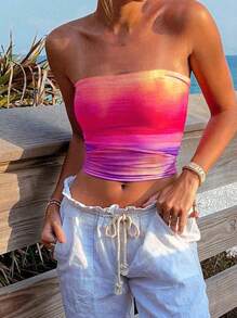 INAWLY ملابس علوية نسائية بدون حمالات بتدرج اللون ذات تفاصيل مطوية