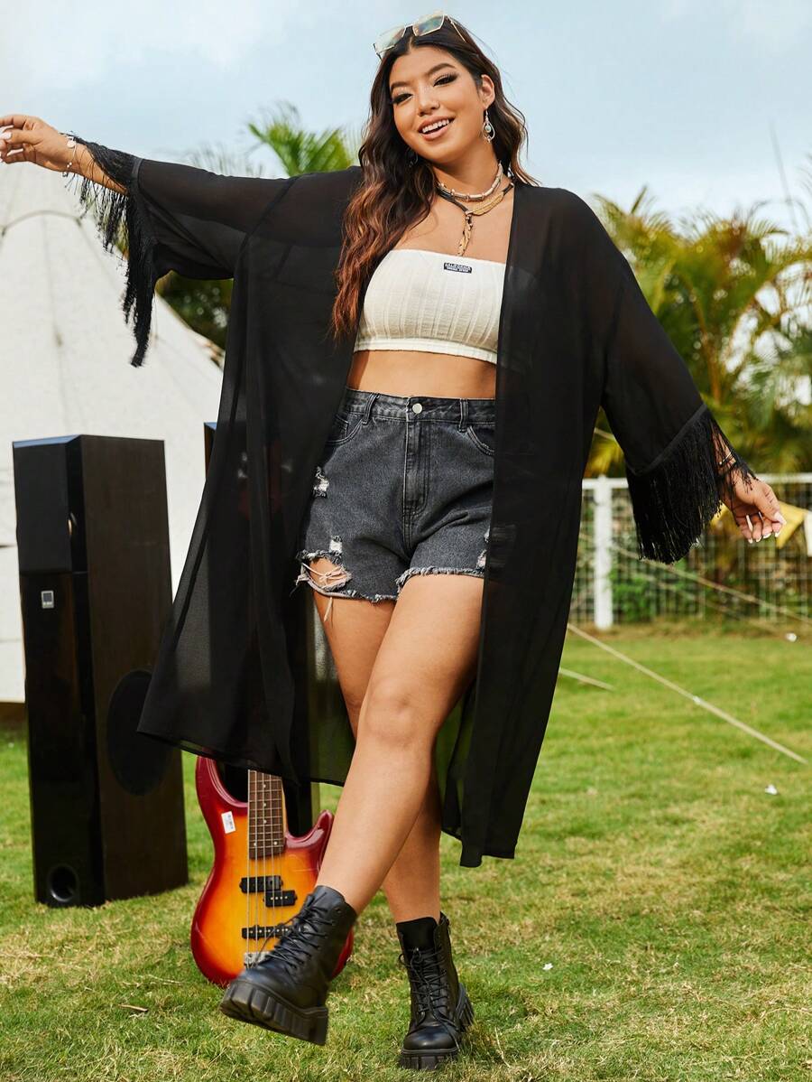 SHEIN EZwear Plus Size Loose Woven Fringed Kimono Summer - Black - View 1