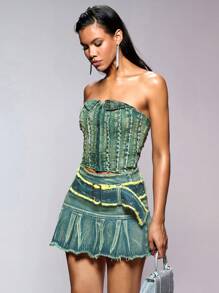 SHEIN BAE Washed Green Tint Distressed Mini Skirt&Music Festival&
Denim Set&Denim Skirt - Multicolor - View 3