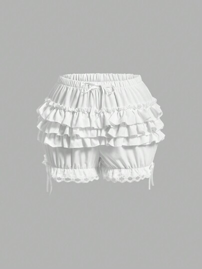 Kawaii Pantaloncini scolastici da donna stile Himekaji, a tinta unita, con patchwork, balze a più strati sul fondo