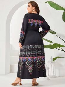 Al Najma Plus Size Women's Floral Printing Round Neck Long Sleeve Arabian Clothing - Black - View 2