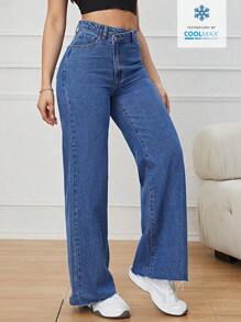 EMERY ROSE Jeans Rectos Casuales Con Bolsillo Inclinado En La Cintura Asimétrica Coolmax - Azul lavado medio - Ver 7