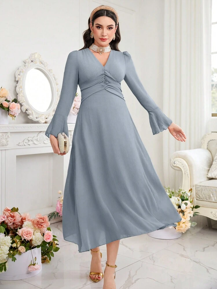 Women's Solid Color Ruffle Flare Sleeve Dress