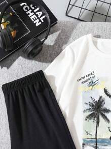 Tween Boy休閒椰樹&風景圖案圓領短袖t恤和短褲套裝,適用於夏季 - 彩色 - 查看 3