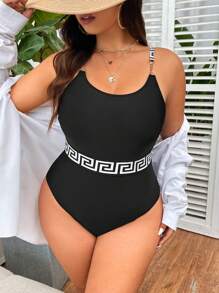 SHEIN Swim Curve Summer Beach Plus Size Geometric Print Round Neck One Piece Swimsuit - Black - View 3