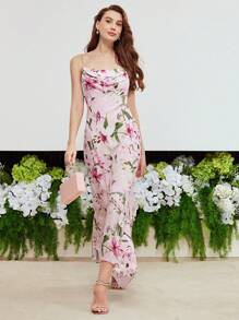 MOTF PREMIUM SILK FLORAL PRINT RUCHED HANKY HEM SLIP DRESS - Multicolor - View 9