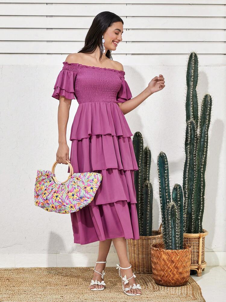 Women's Off-Shoulder Multi-Layer Ruffle Hem Dress