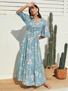 Mulvari Vestido Midi Con Estampado Floral Y Dobladillo Con Volantes Para Mujer - Celeste - Ver 1