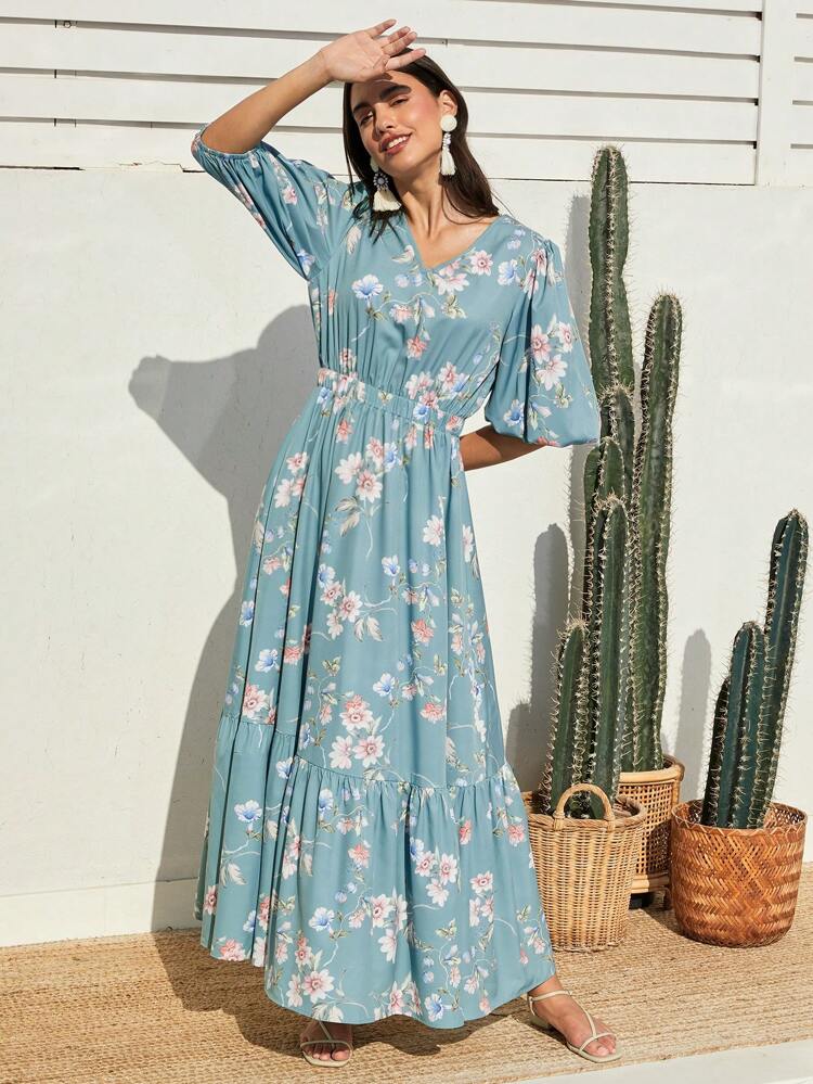 Women'S Floral Print Ruffle Hem Midi Dress