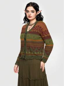 ROMWE Fairycore Geo Pattern Button Front Cardigan - Multicolor - View 5