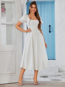 PARTHEA Square Neck Ruched Puff Sleeve Dress - White - View 3