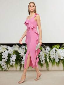 MOTF PREMIUM Asymmetrisches Schulterraffung GeSchlitztetes Schenkel Kleid