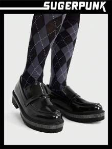 Sugerpunk Women's Black Round Toe Chunky Heel Work Shoes With Rhinestone Detail, Casual Unisex Loafers - Black - View 3