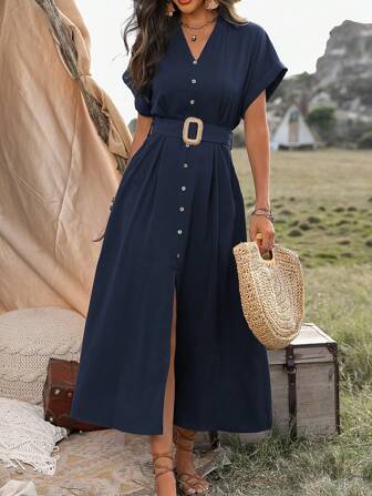 LanaWest Button Front V-Neck Batwing Sleeve Dress Maxi Women Outfit