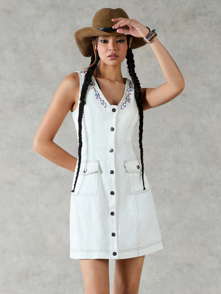 Women's Floral Embroidered V-Neck Single-Breasted Sleeveless Dress