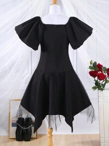 SHEIN Teen Girls' French Style Puff Sleeves Dress With Front Bow Decoration And Asymmetrical Hem For Summer - Black - View 2