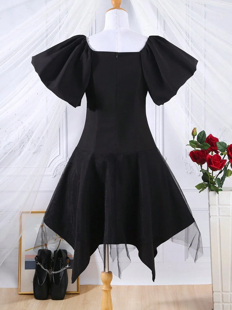 Teen Girls' French Style Puff Sleeves Dress With Front Bow Decoration And Asymmetrical Hem For Summer