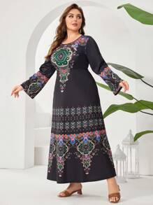 Al Najma Plus Size Women's Floral Printing Round Neck Long Sleeve Arabian Clothing - Black - View 3