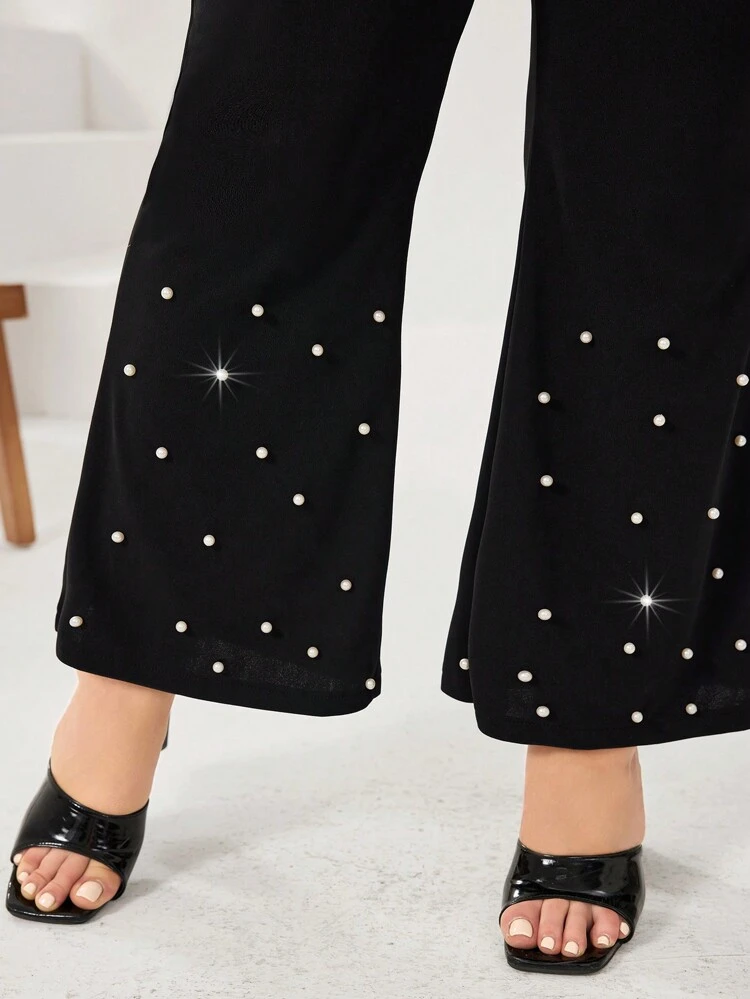 Plus Size Faux Pearl Stud Flared Suit Pants