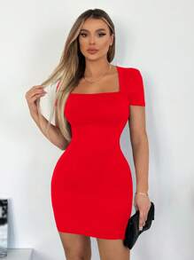 SHEIN SXY Solid Color Square Neck Bodycon Short Sleeve Dress - Red - View 1