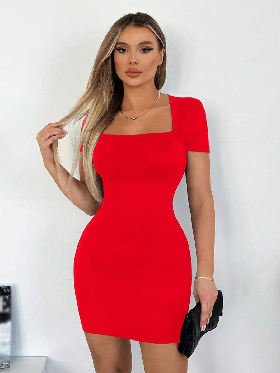 SHEIN SXY Solid Color Square Neck Bodycon Short Sleeve Dress - Red - View 1