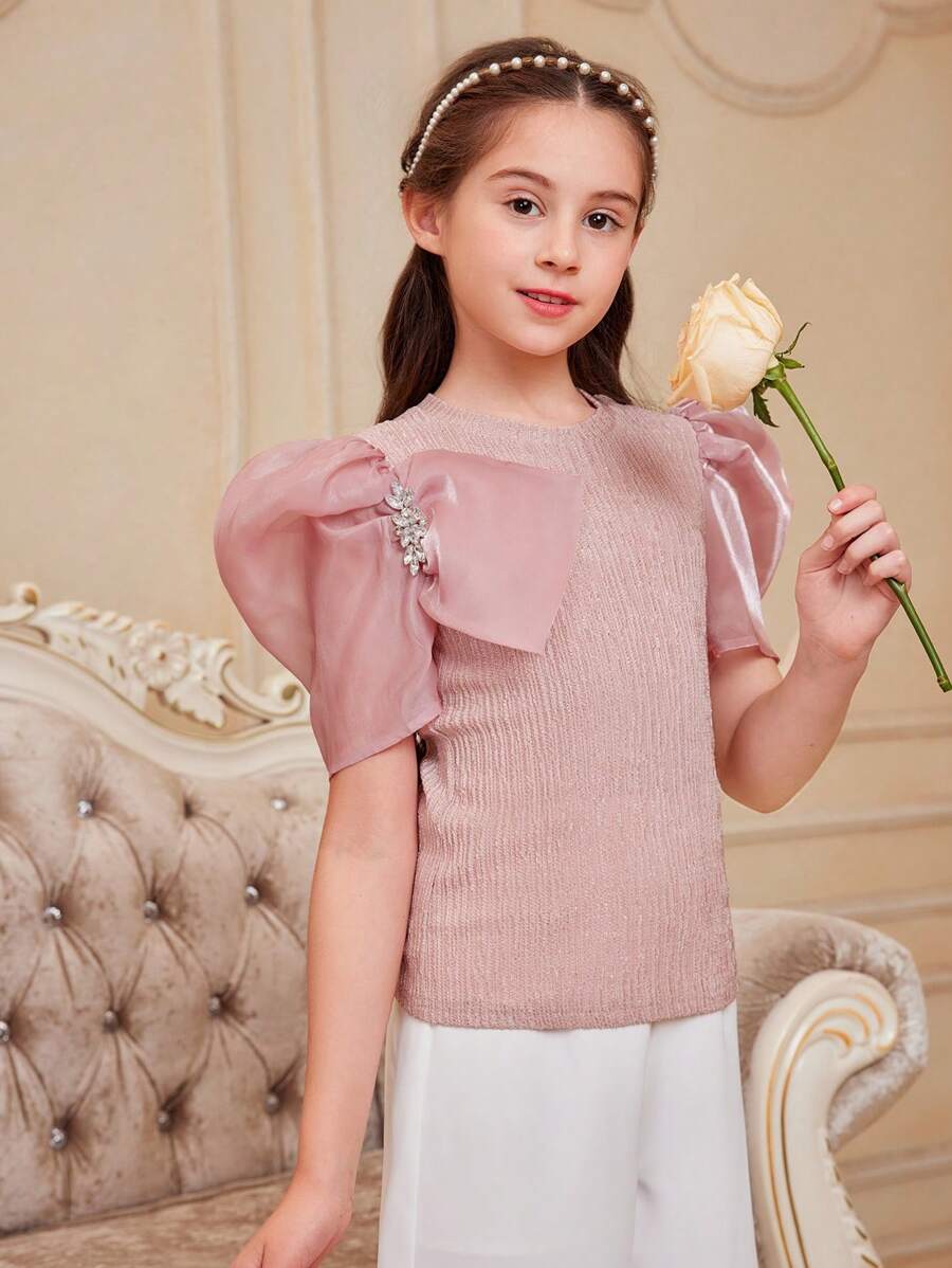 少女短袖T恤，可愛、優雅、華麗的小立領和蝴蝶結裝飾 - 藕粉色 - 查看 1