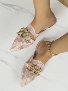 2025 Autumn Women Elegant Pink Mesh Embroidered Flat Pointed Toe Mule Slides (Shoe Surface Pattern Random) - Pink - View 2