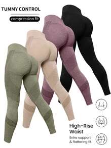 Easithlete 4pcs Color Block High Waist Seamless High Elasticity Sports Leggings - Multicolor - View 1